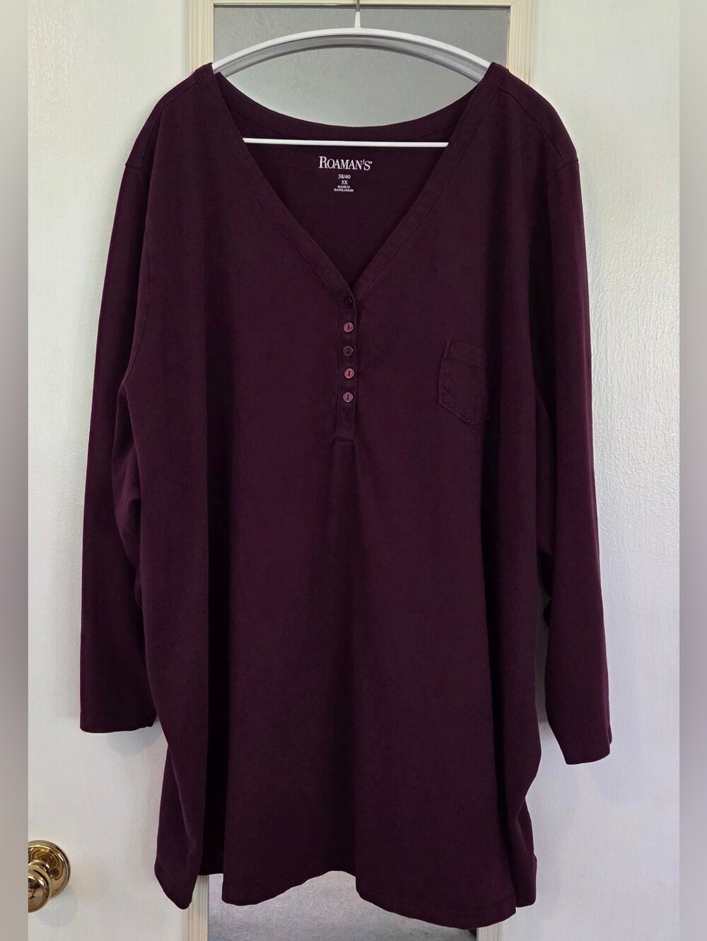 Roaman’s 5X Plum 100% Cotton Long Sleeve Henley Top V-Neck Pocket